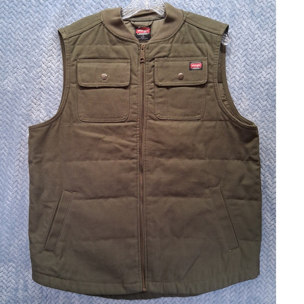 Wrangler Workwear Mens Olive Green Quilted Canvas Utility Vest Large L Zip Up